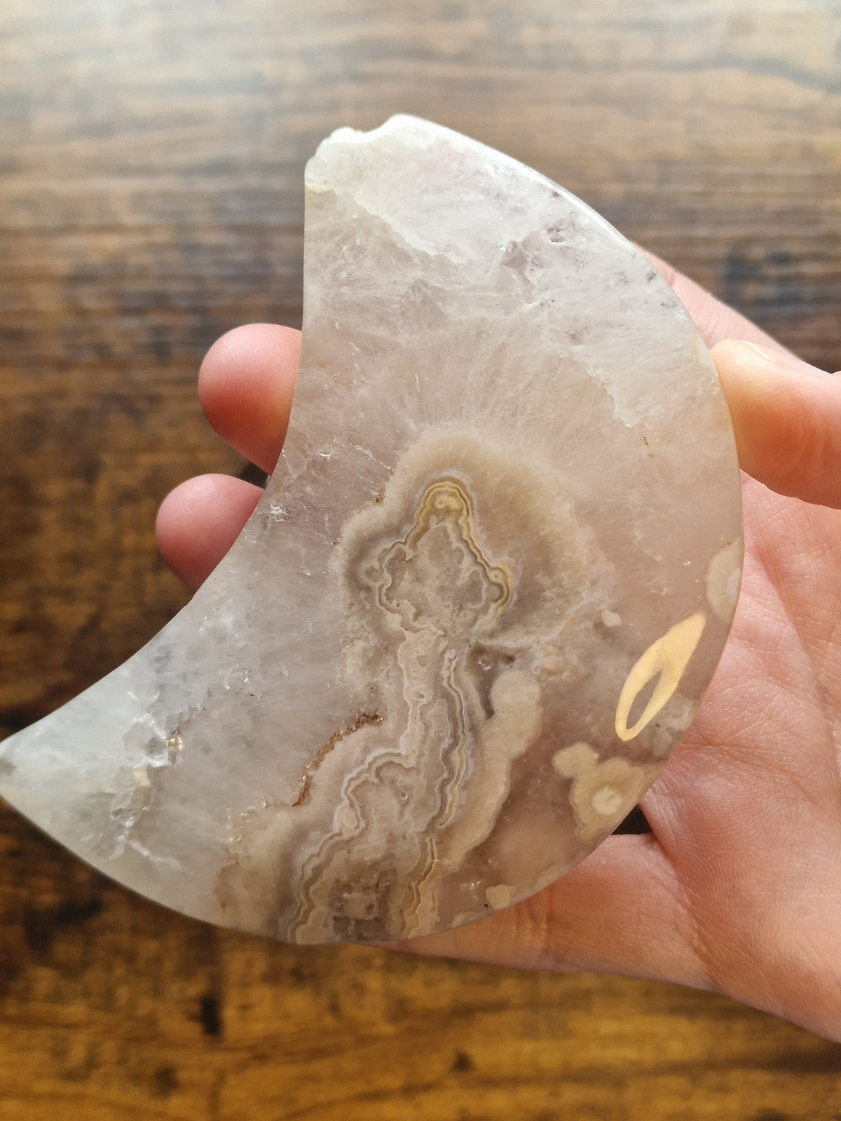 Flower Agate Crescent Moon Carving with Stand