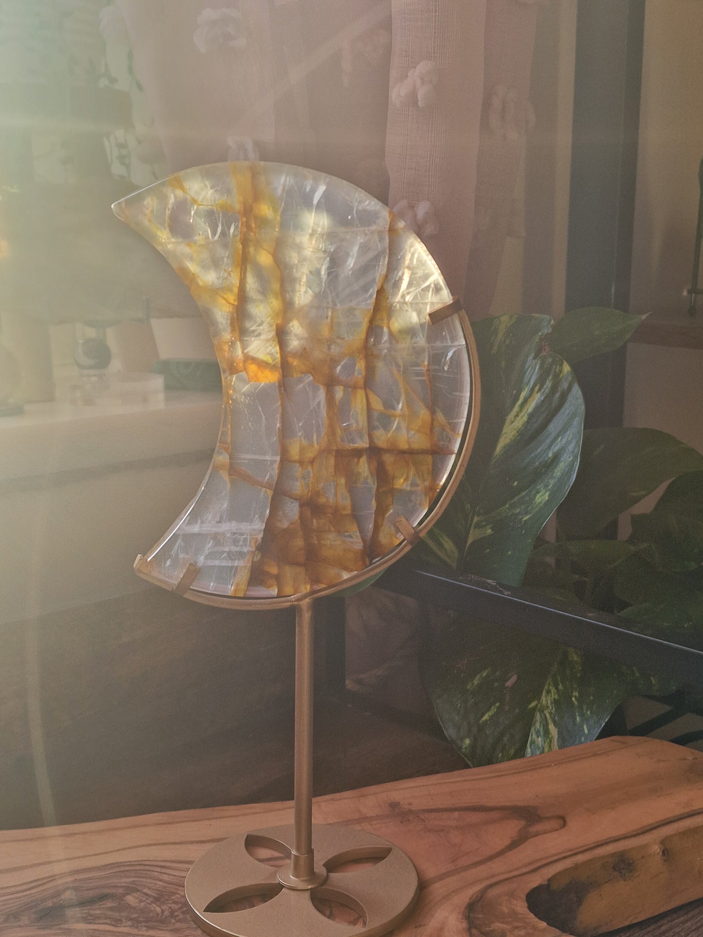 Golden Healer Quartz Crescent Moon on Stand