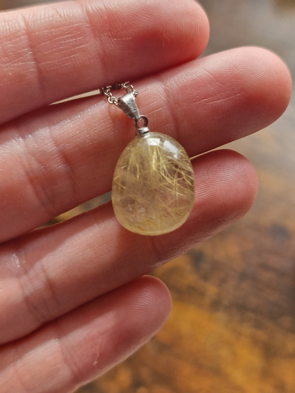 Golden Rutilated Quartz Oval, 925 Silver Pendant with Chain