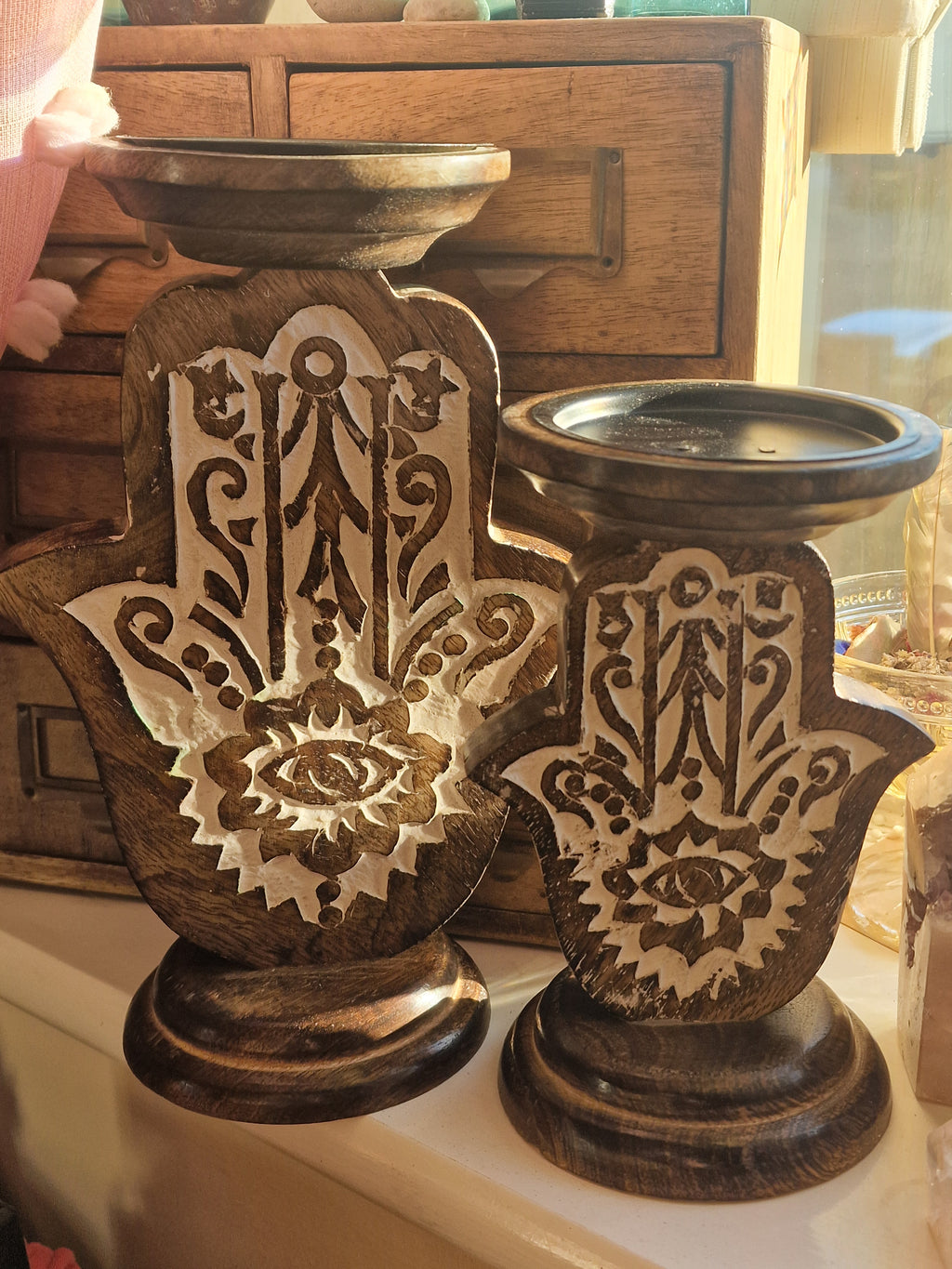 Mango Wood Hamsa Candle Stands