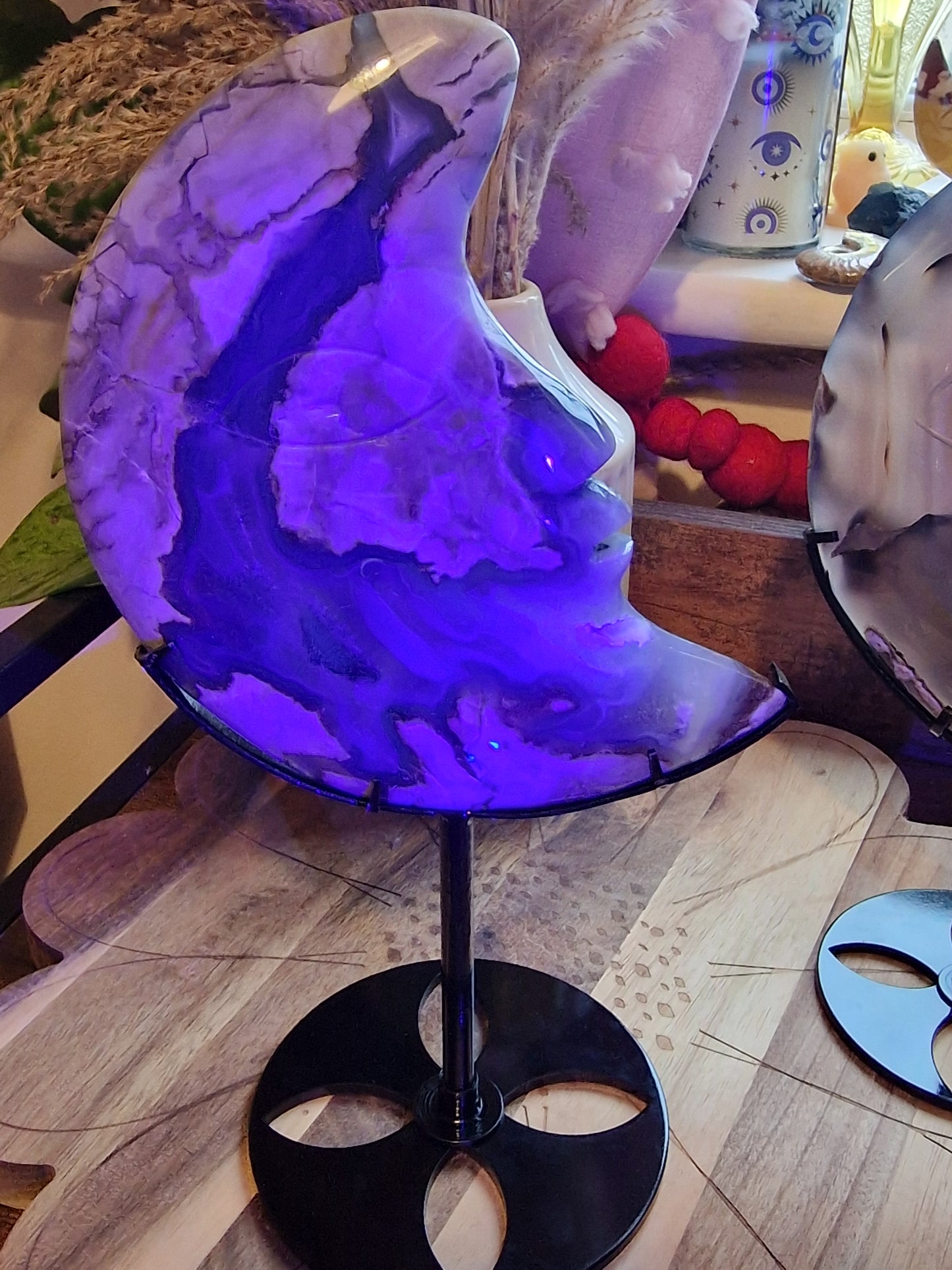 Volcano Agate Crescent Moon carvings on stands