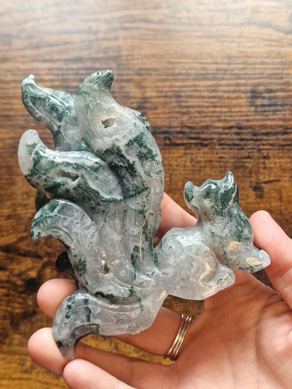 Druzy Moss Agate Nine-Tailed Fox Carving