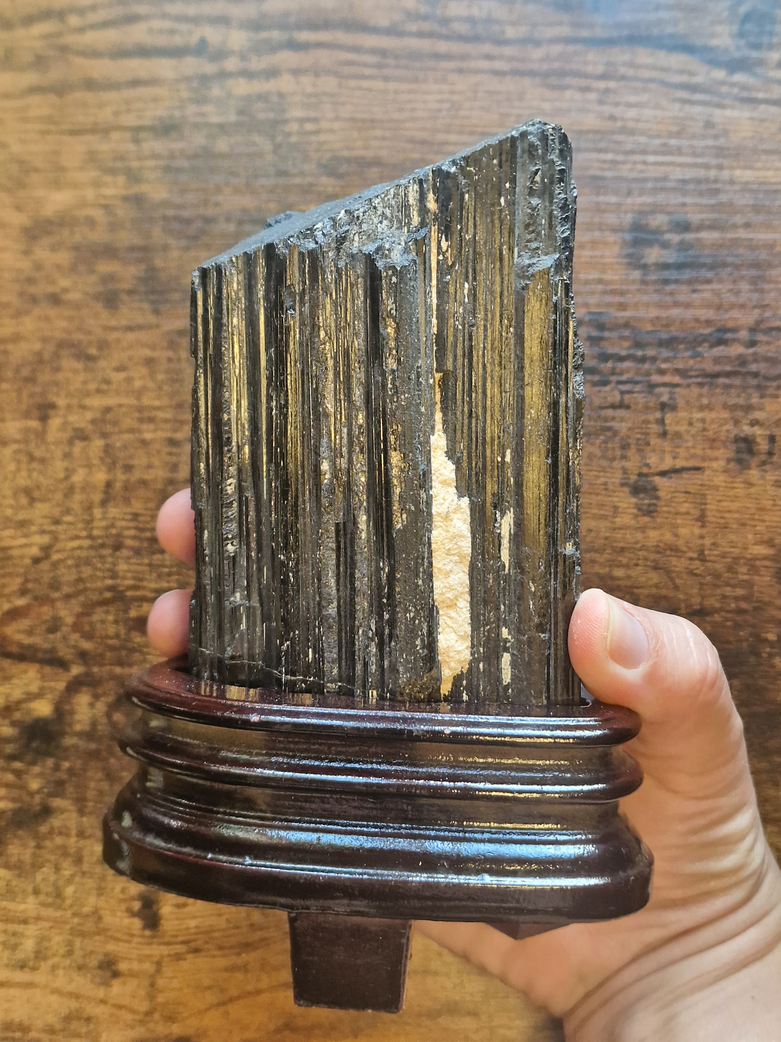 Black Tourmaline on Wooden Stand