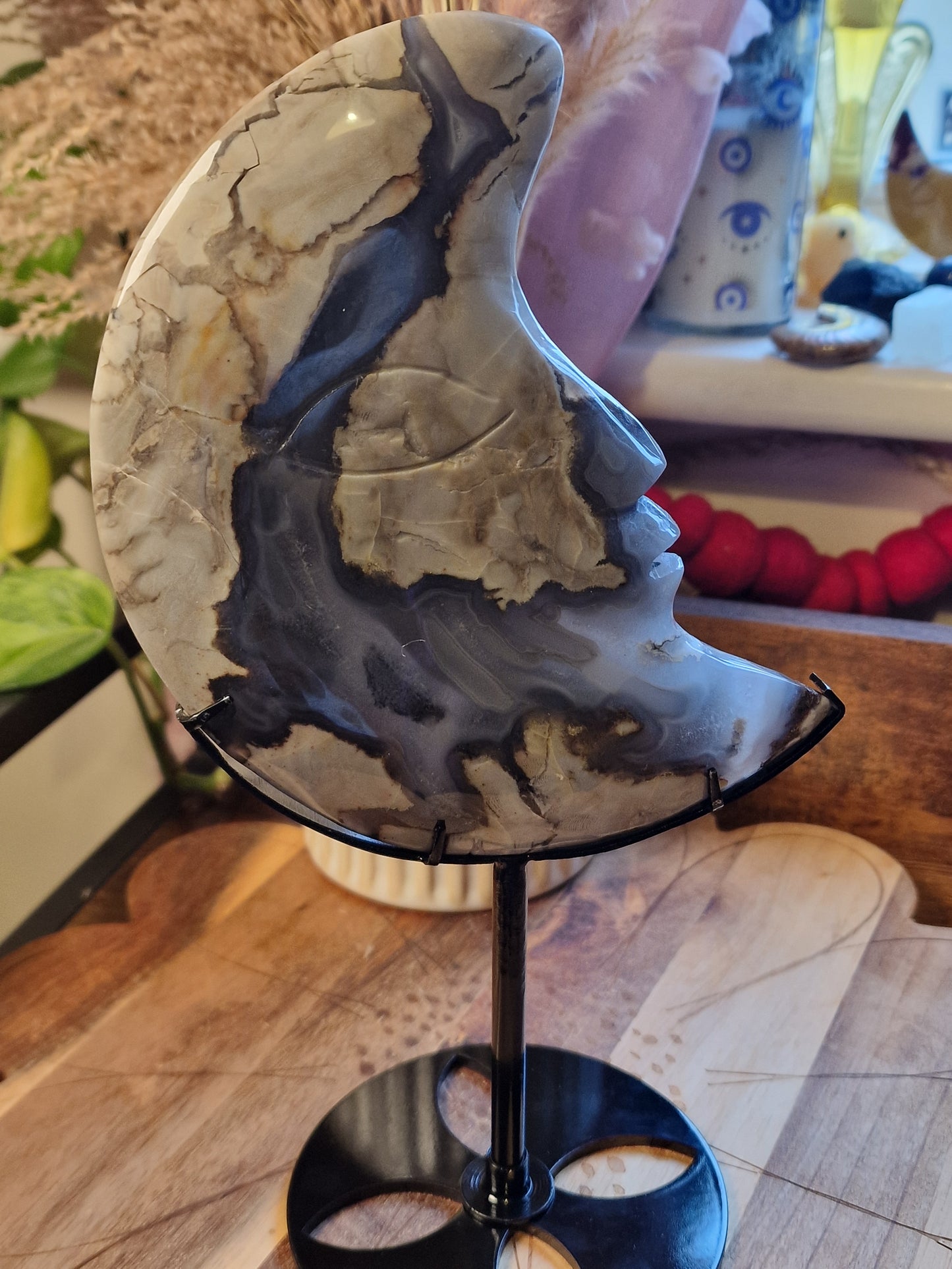 Volcano Agate Crescent Moon carvings on stands