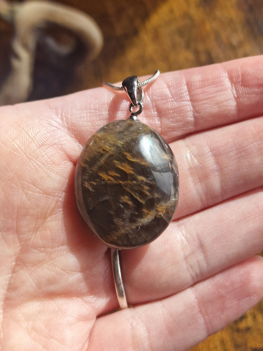 Black Moonstone Pebble, 925 Silver Pendant with Chain