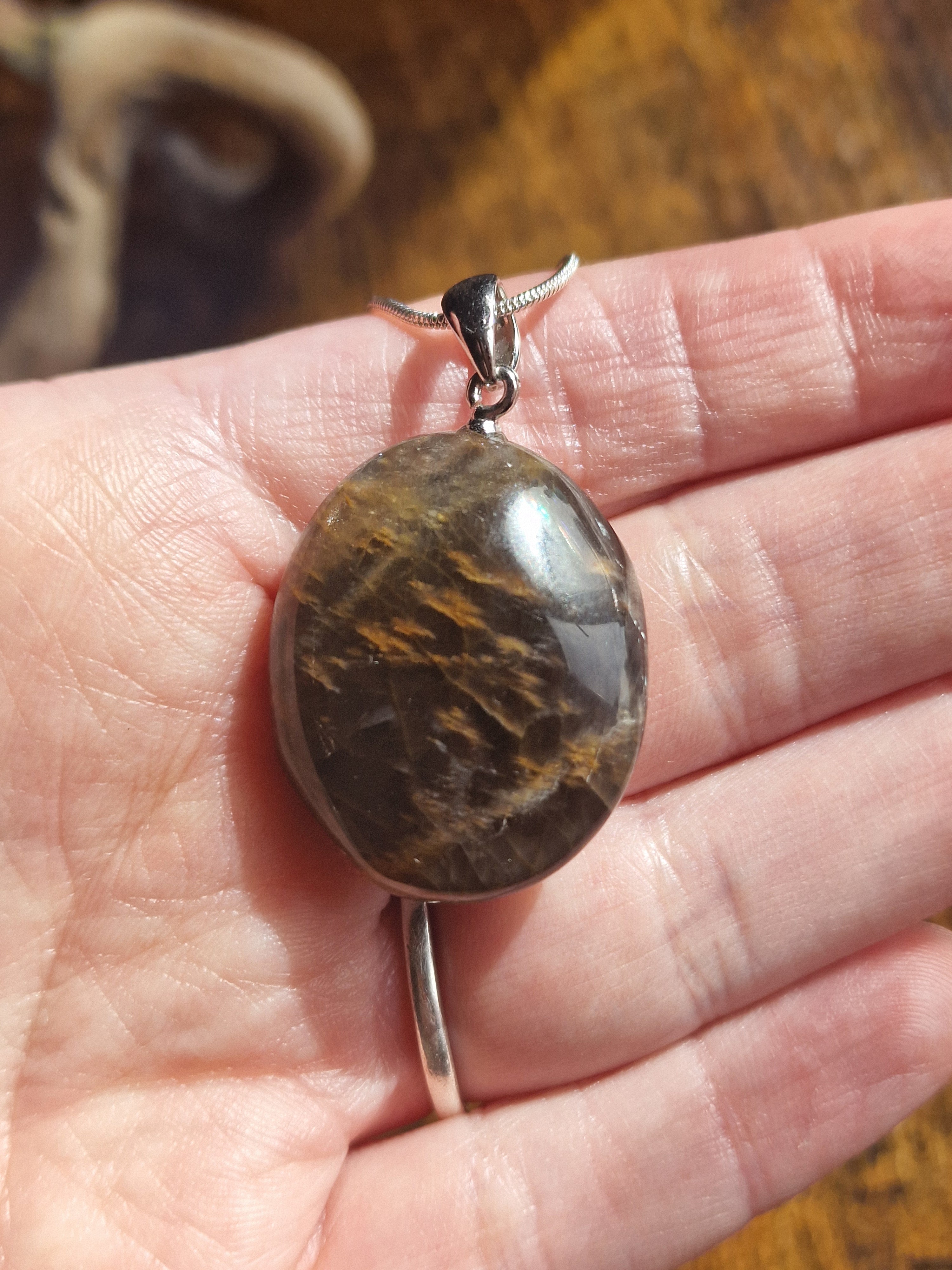 Black Moonstone Pebble, 925 Silver Pendant with Chain