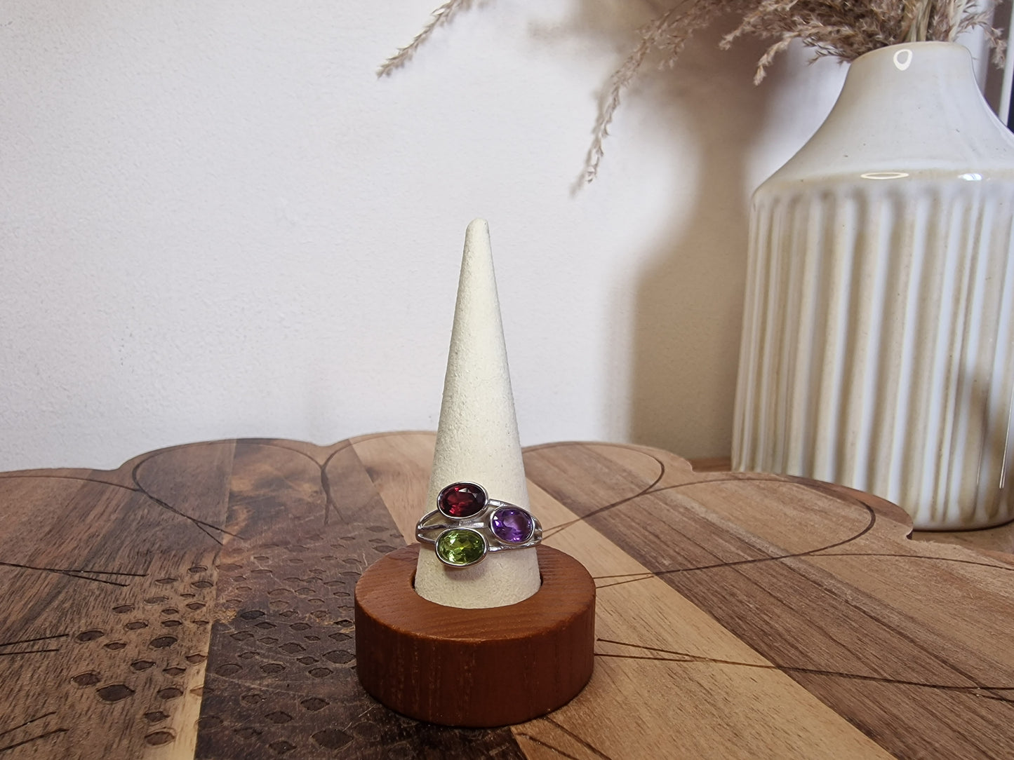 Garnet, Amethyst & Peridot – Adjustable 925 Silver Ring