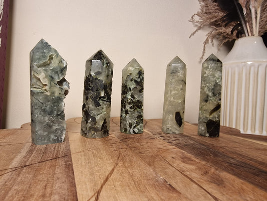 Prehnite Towers with Tourmaline Inclusions