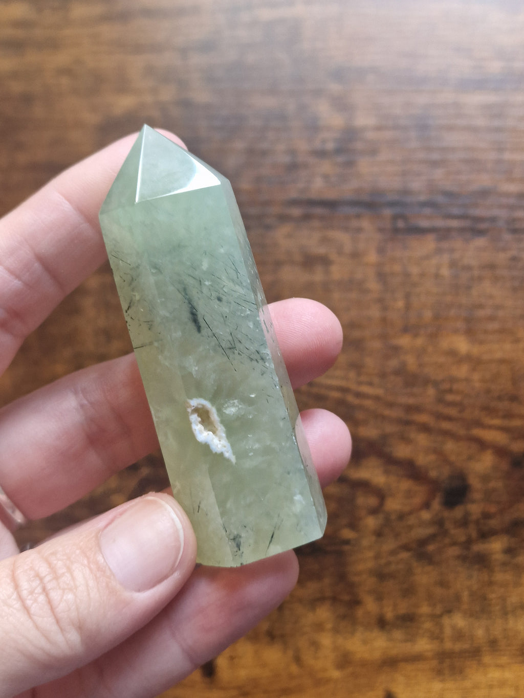 Prehnite with Black Tourmaline Crystal Point