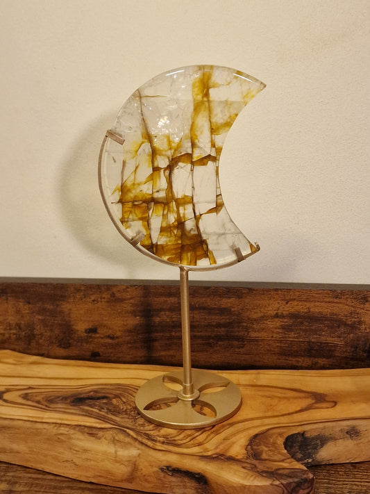 Golden Healer Quartz Crescent Moon on Stand