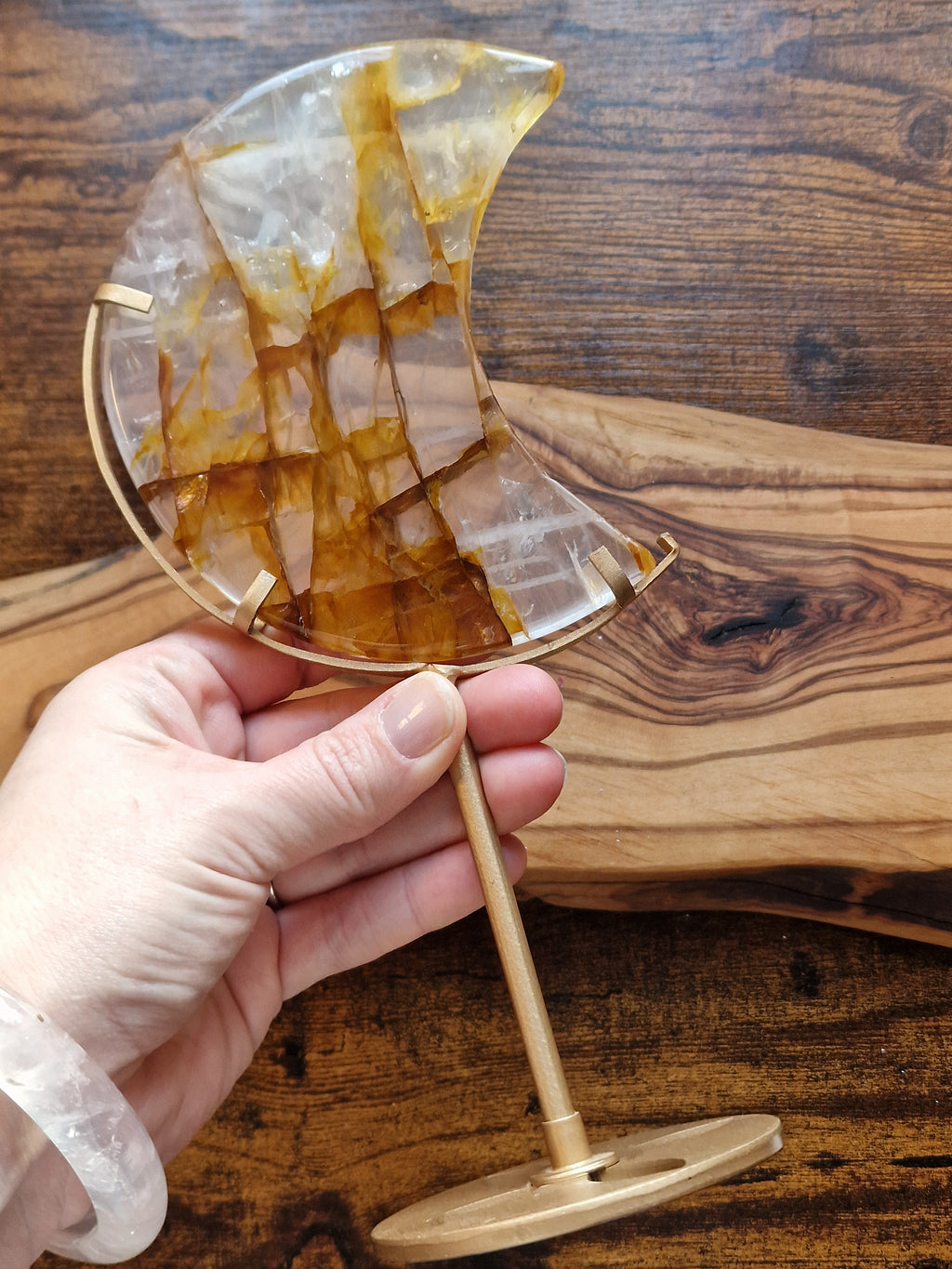Golden Healer Quartz Crescent Moon on Stand