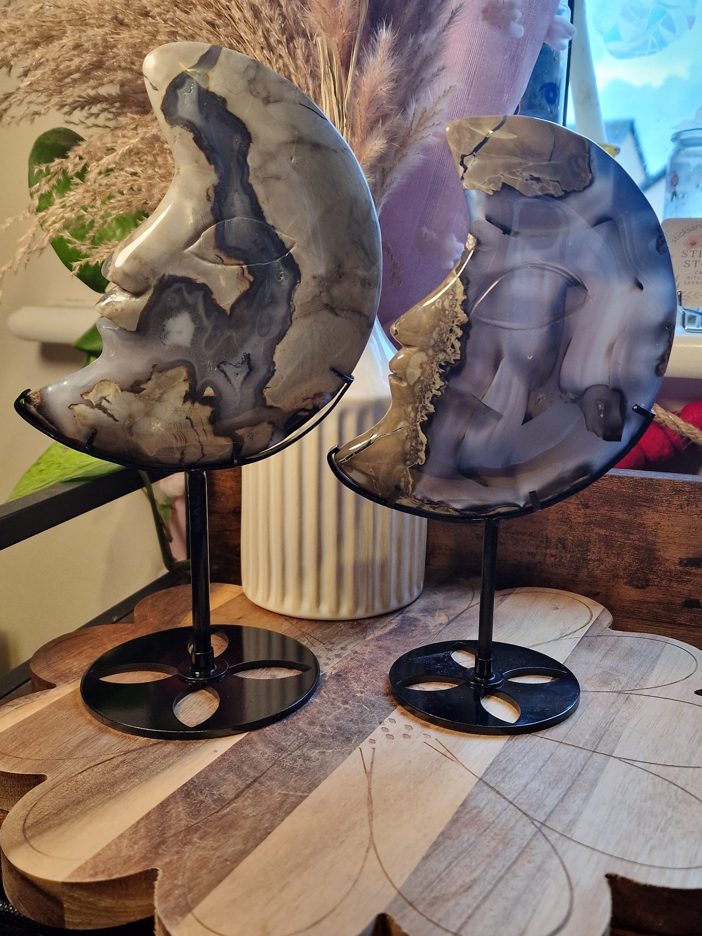 Volcano Agate Crescent Moon carvings on stands