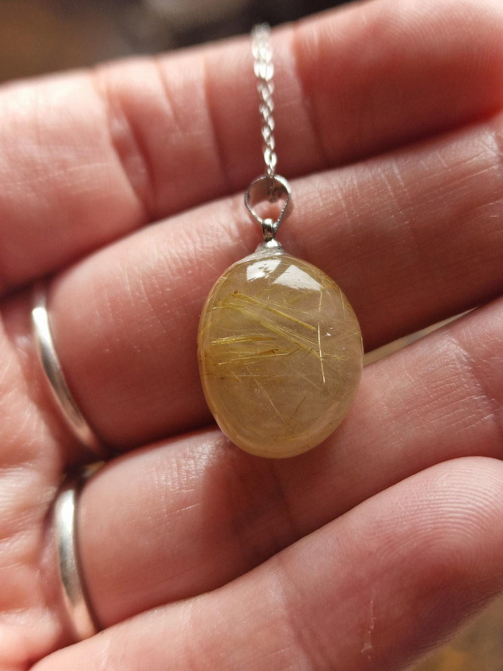 Golden Rutilated Quartz Oval, 925 Silver Pendant with Chain