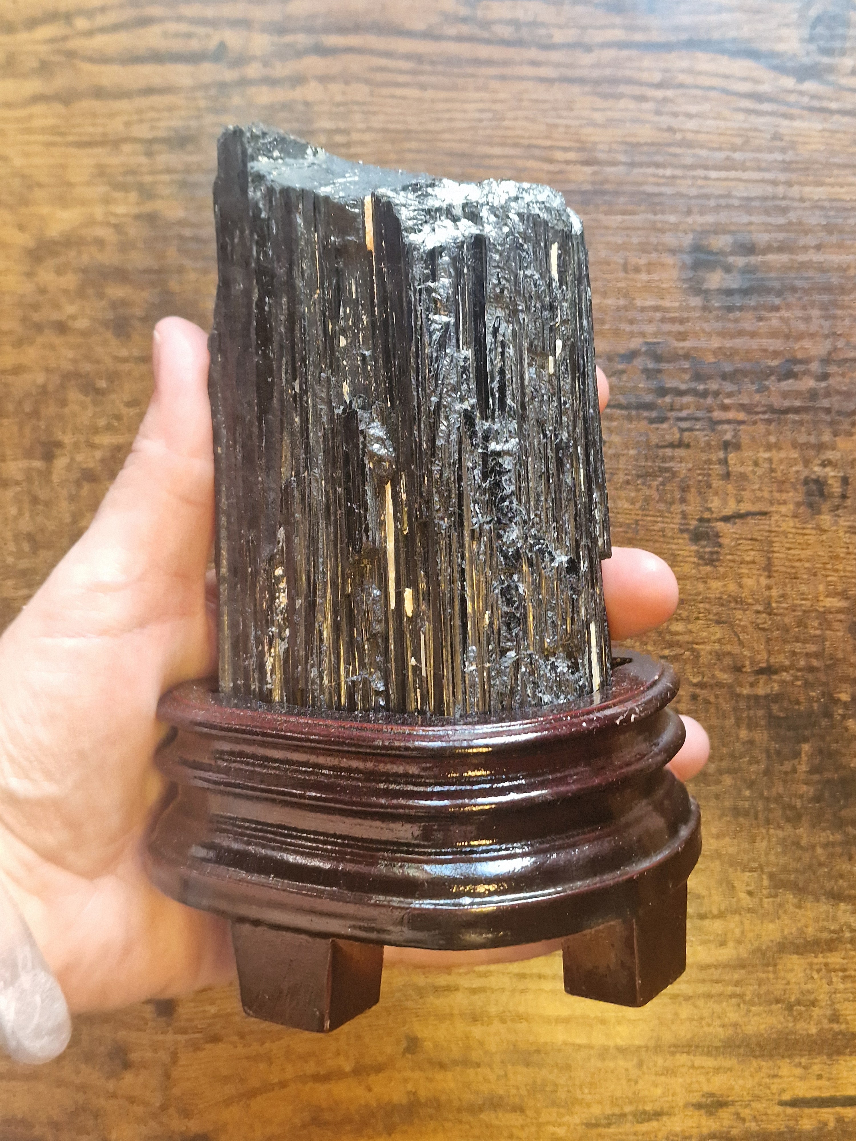 Black Tourmaline on Wooden Stand